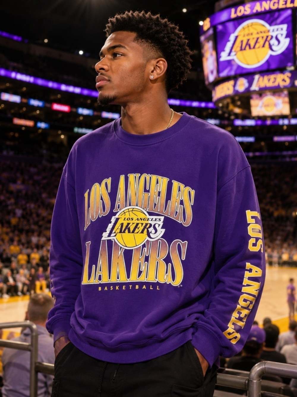 Los Angeles Lakers VTG Super Soft Sweatshirt Purple Yellow Spellout Logo Mens‎ L